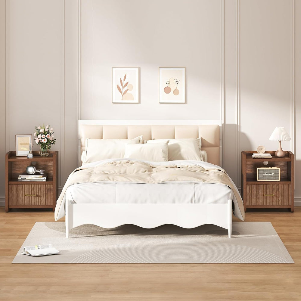 Night Stand with Charger Station - Modern Wood Nightstand with Drawer Storage...