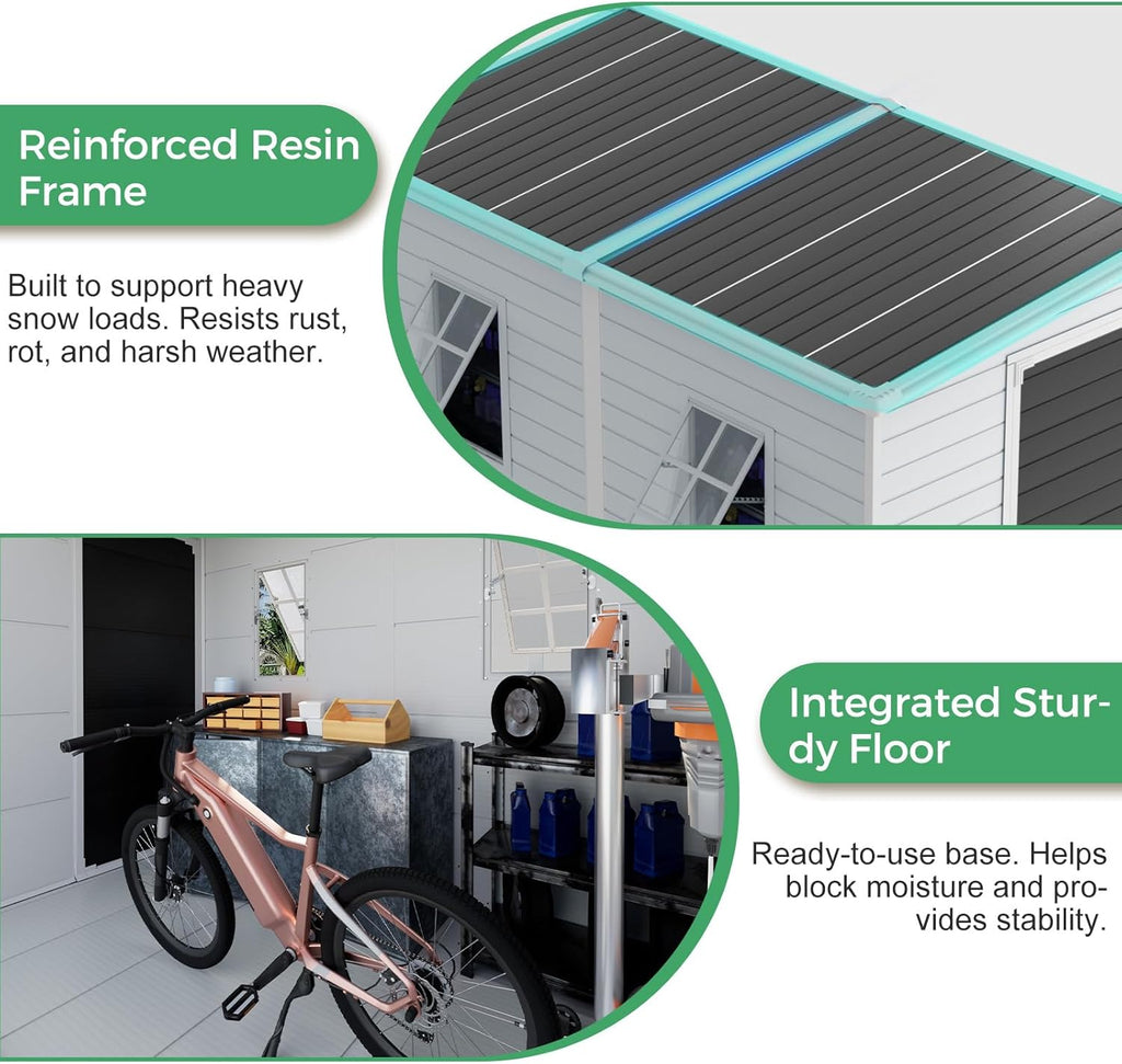 4x8 FT Plastic Storage Sheds Outdoor with Floor and Openable Window, Lean to Resin Shed Easy to Install, Compact Sheds & Outdoor Storage/Tool Shed for Garden & Backyard, Gray