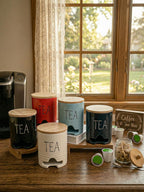 Farmhouse Ceramic Tea Bag Holder with Wood Lid for Countertop (Navy)