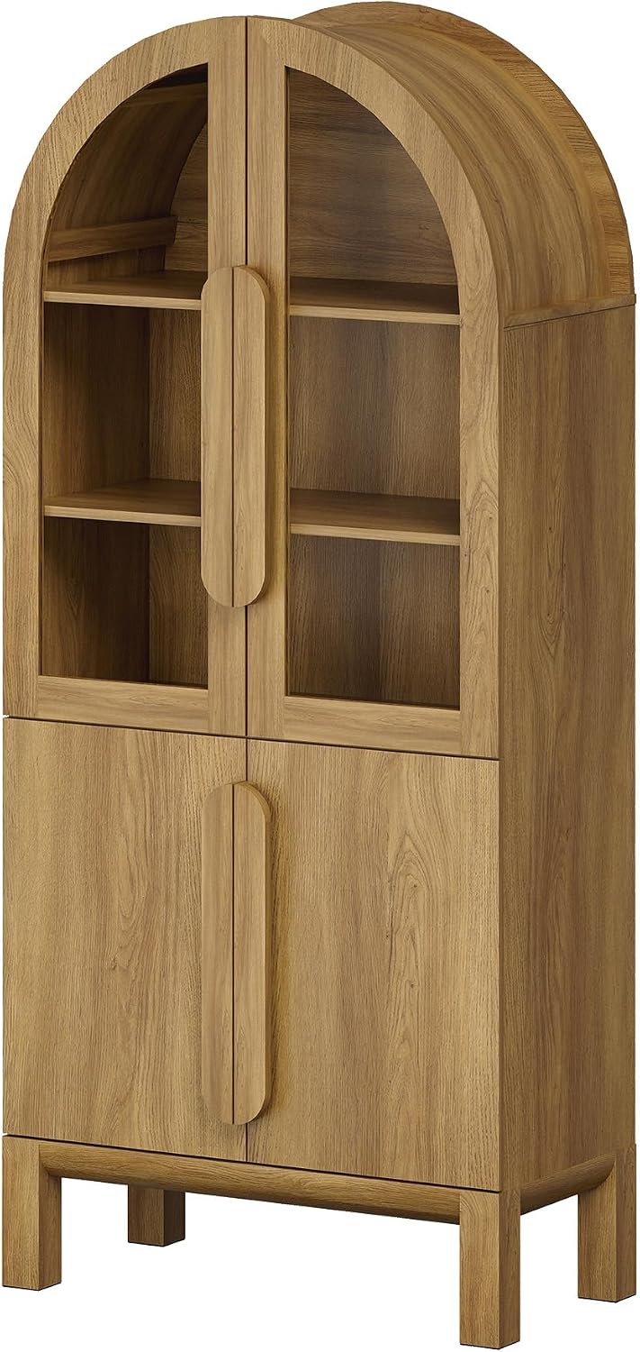 WAMPAT 71" Tall Arched Kitchen Pantry Cabinet with Glass Door, Modern Fa...