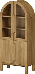 WAMPAT 71" Tall Arched Kitchen Pantry Cabinet with Glass Door, Modern Farmhouse Arched Bookcase with Adjustable Shelves, 5 Tiers Display Cabinet Bookcase for Kitchen, Living Room, Walnut (1 PC)