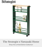 YAMAZAKI Home Slim Rolling Storage Cart – Narrow Kitchen Storage Cabinet with Handle, Slim Storage Cart with Wheels, Easy Assembly, Steel + Wood, Green