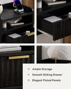 Fluted Floating Nightstands Set of 2 with Drawer, Modern Small Wall Mounted Storage Night Stand with Charging Station, Wood Bedside Table USB C & USB A Ports, Black