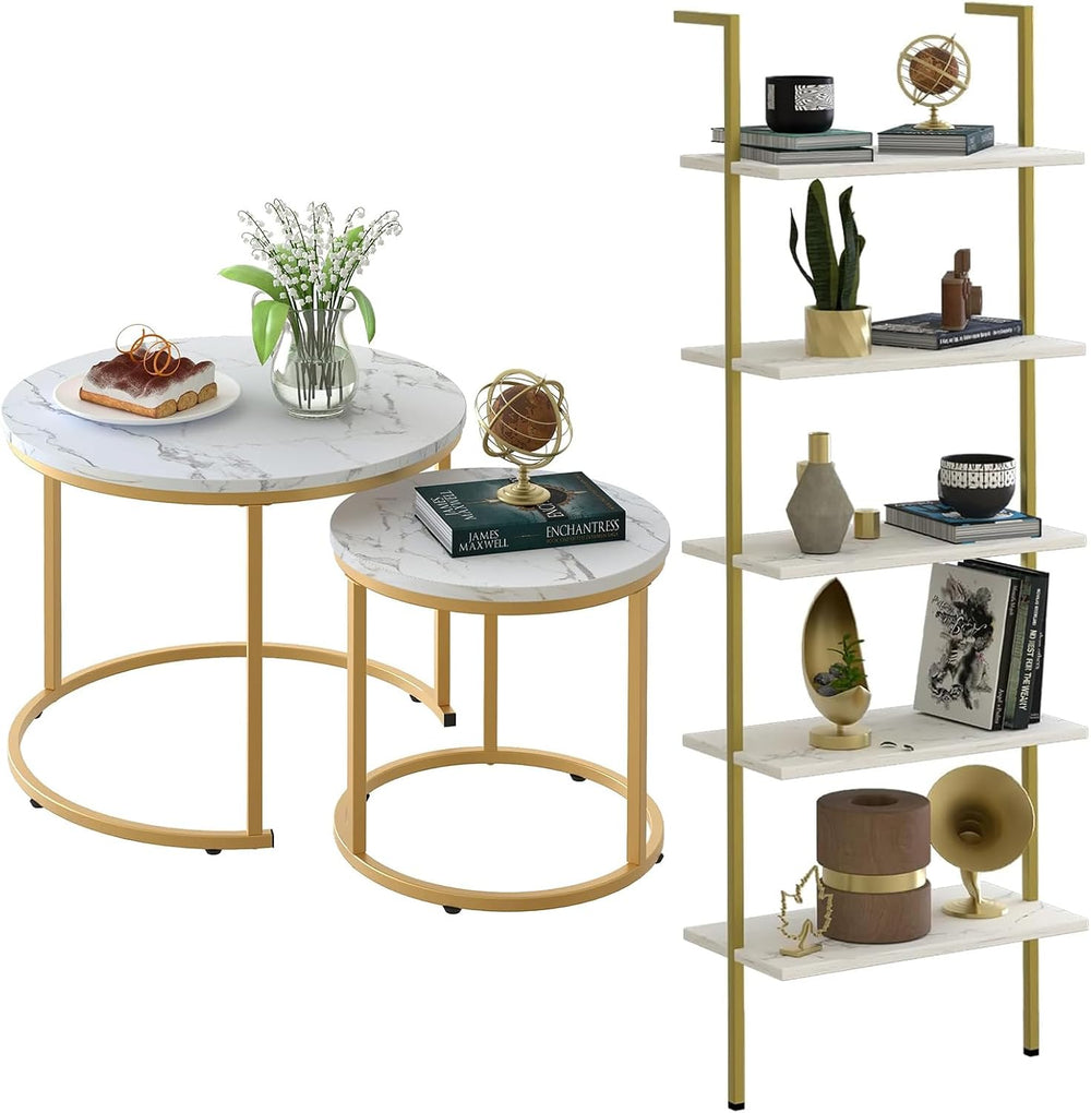 aboxoo Ladder Shelf White Marble Bookshelf 5-Tier Wall-Mounted Wood Rack Indu...