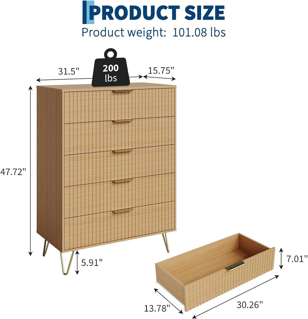 Garvee Fluted Dresser for Bedroom with 5 Drawers,32" Wide Modern Chest of Wooden Bedroom Chest with Metal Handle,Clothes Storage Organizer,Closet Dresser & TV Stand for Living Room,Hallway,Natural Oak