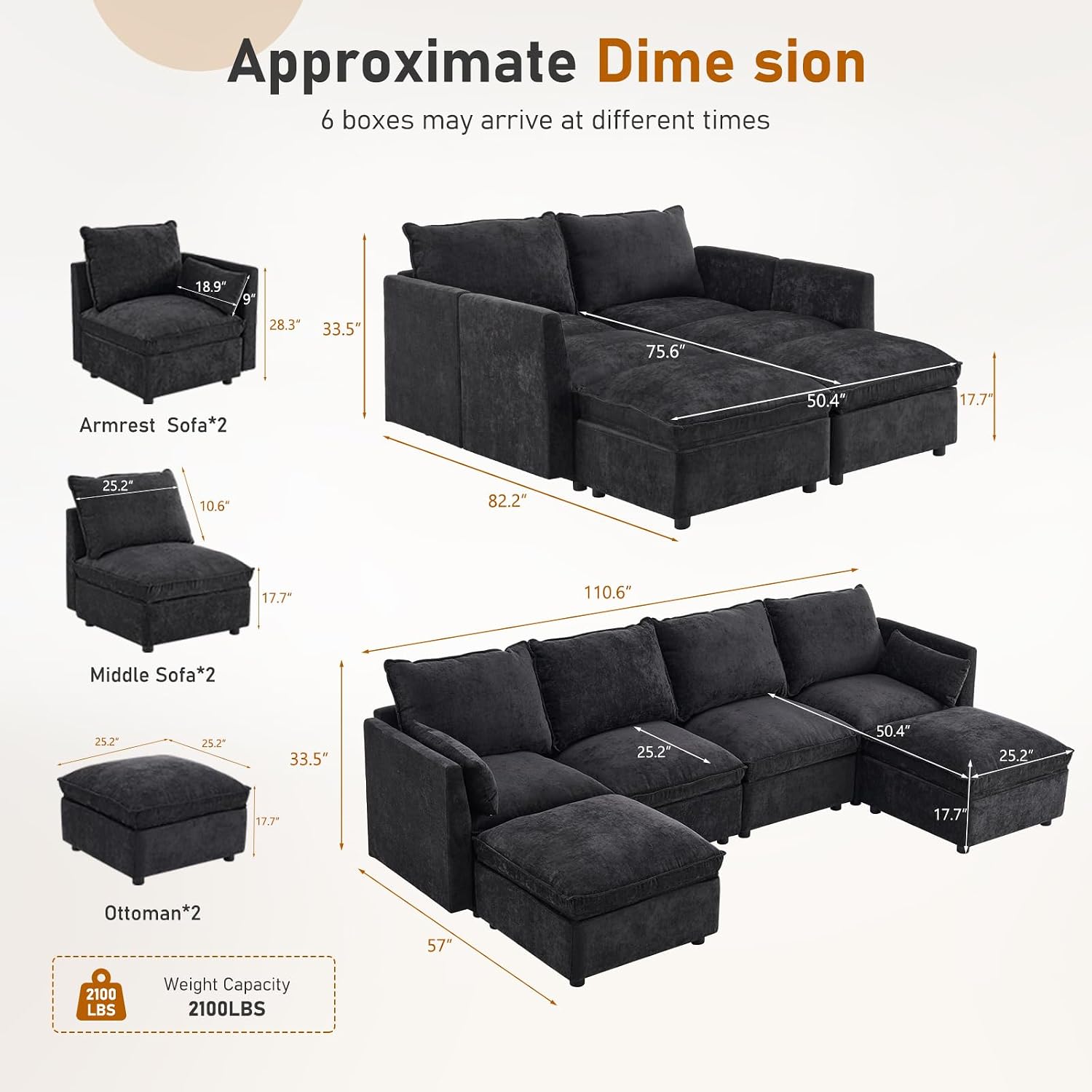 Furnimart 111" Modular Sectional Sofa with Full Seat Storage, U-Shaped 6-Seater Deep Seat Couch with Chenille Fabric Sectional with 2 Movable Ottomans for Living Room, Black