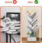 8 Tier Tree Bookshelf with Drawer, Free Standing Wood Bookcase for Narrow Space, Storage Organizer Bookshelves for Books, Book Case for Home Office, Living Room, Bedroom, Navy Blue