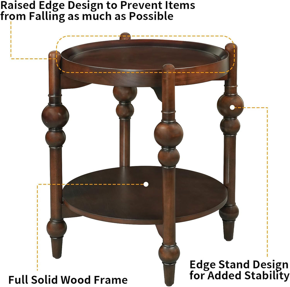 23" Round End Table with Solid Wood Frame, Small Side Table with Wood Sh...