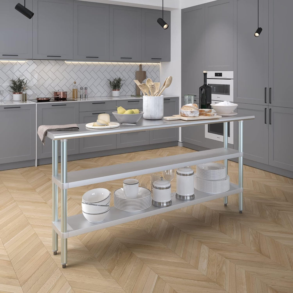 AmGood Stainless Steel Work Table with 2 Shelves | NSF | Metal Utility Table (72" Long x 14" Deep)