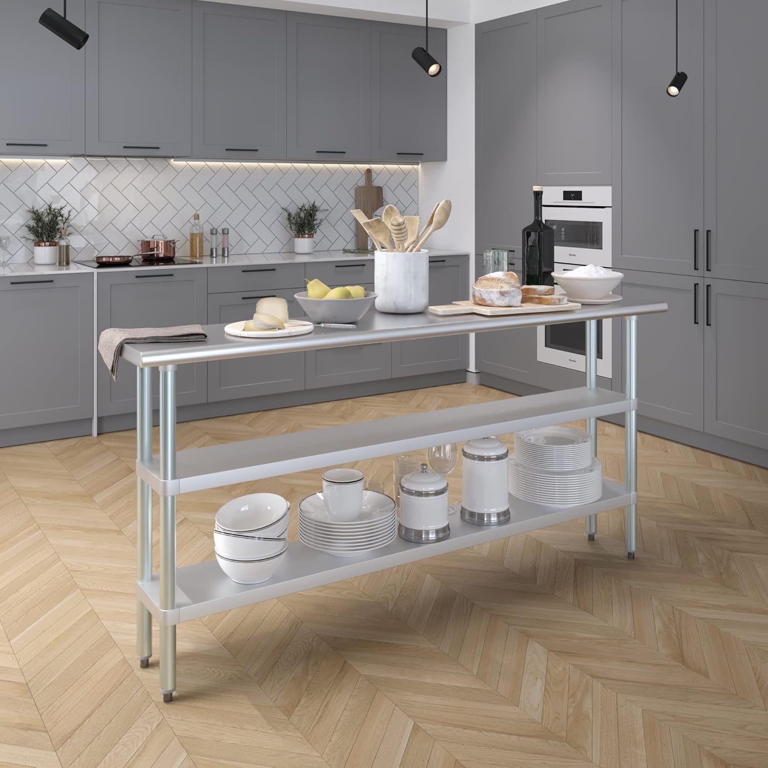 AmGood Stainless Steel Work Table with 2 Shelves | NSF | Metal Utility Table (72" Long x 14" Deep)