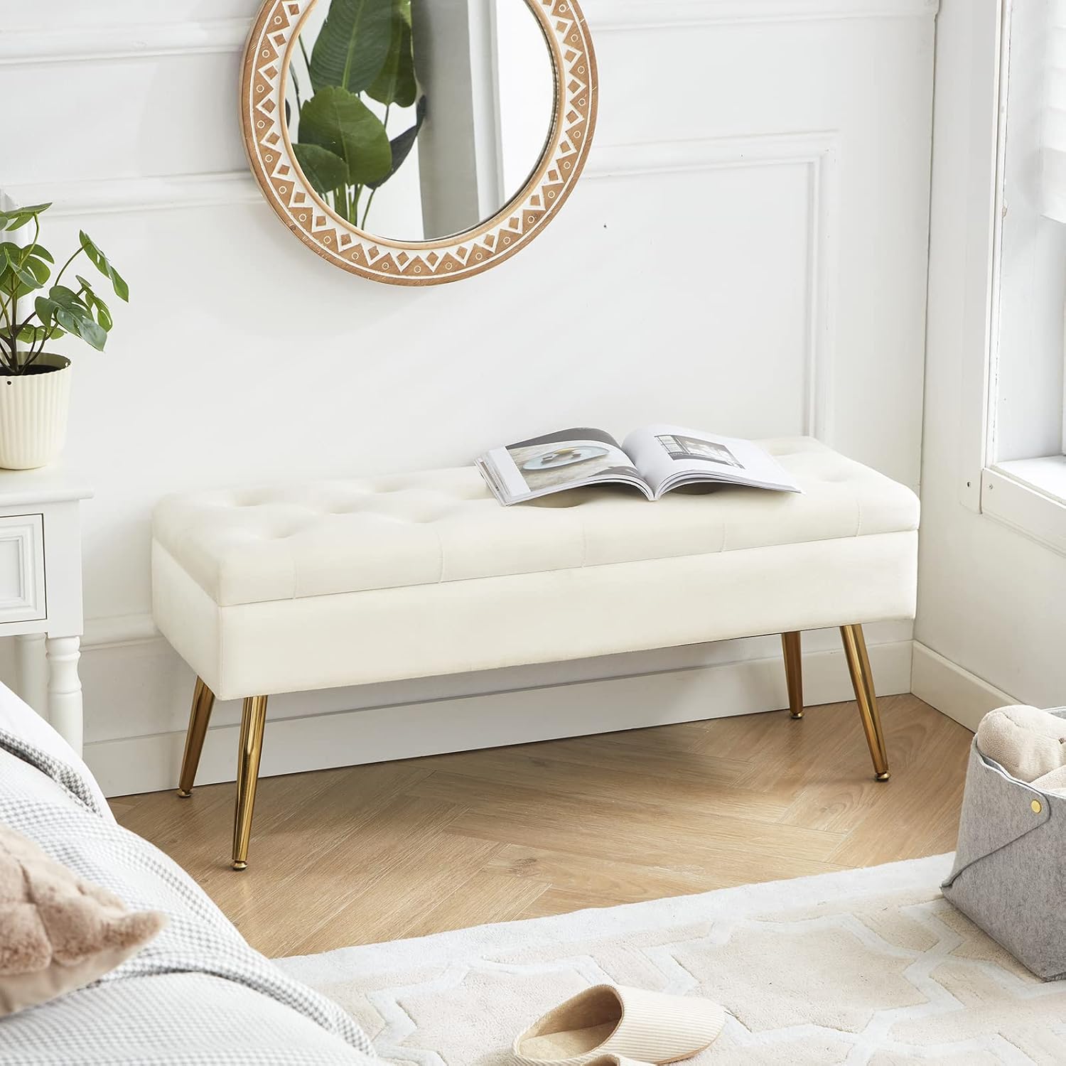Gitrah Storage Bench Entryway Bench End of Bed Bench Ottoman Upholstered Velvet Bedroom Bench Tufted Bench with Golden Legs 40" Cream