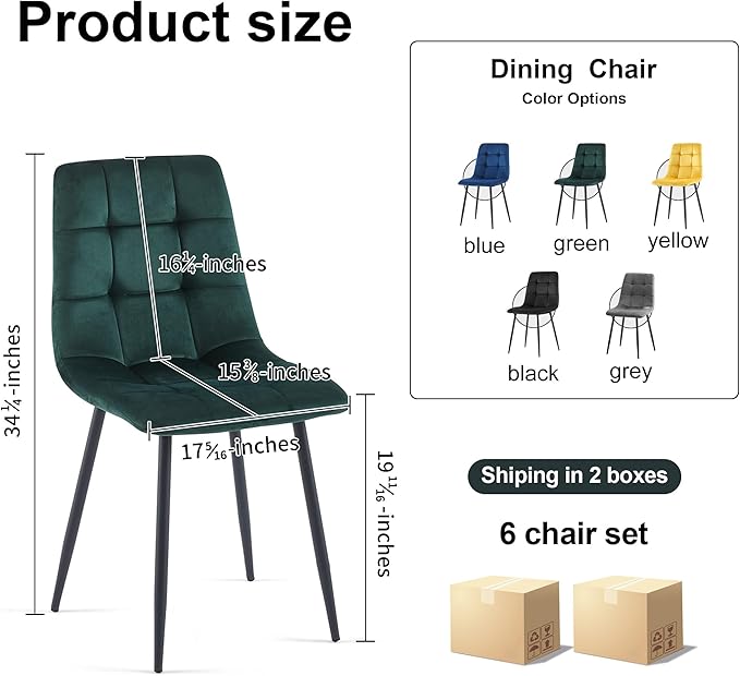 NORDICANA Forest Green Velvet Dining Chairs Set of 6, Upholstered Tufted Kitchen Chairs, Comfortable Seat, Metal Leg, Easy Assembly