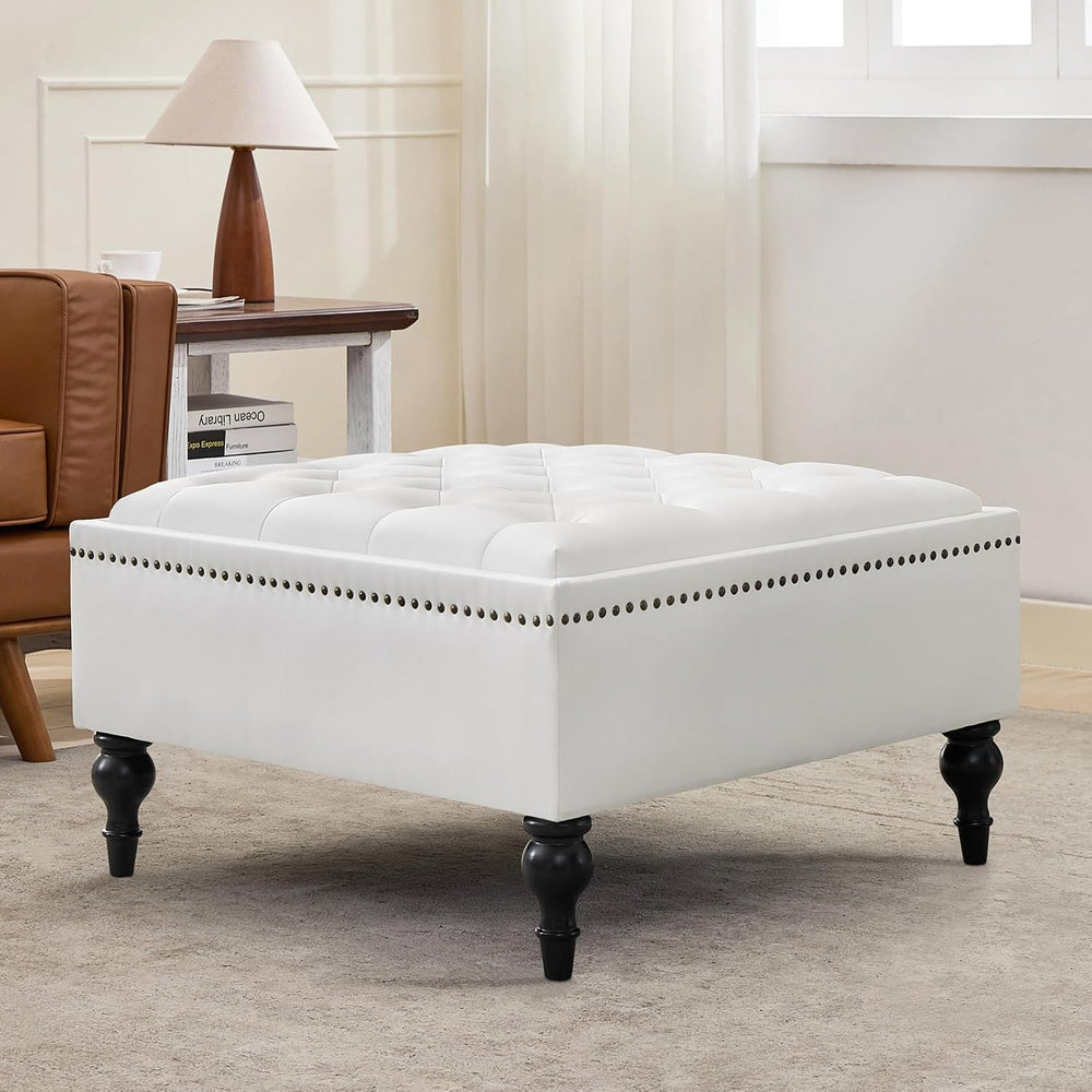 Square Ottoman Coffee Table, Large Leather Ottoman with Storage | Oversized F...