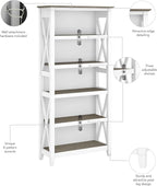 Bush Furniture Tall 5 Shelf Bookcase for Living Room or Home Office, Large Bookshelf, Modern Farmhouse Style, Key West Collection, Pure White and Shiplap Gray
