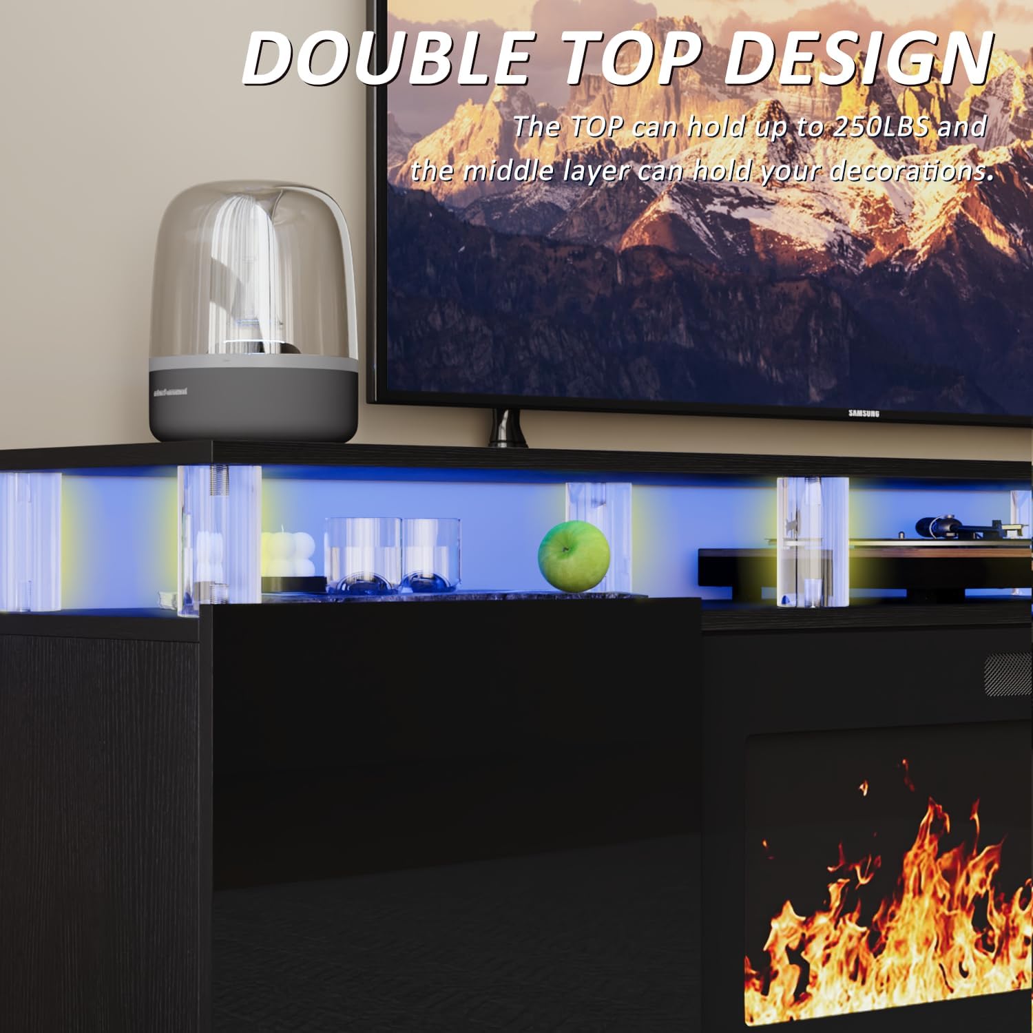 70" Fireplace TV Stand for TVs up to 80 Inches with 36'' Electric Fireplace & Remote, Modern Entertainment Center with LED Light,Woodeen TV Console for Living Room, 8 Acrylic Posts, Black
