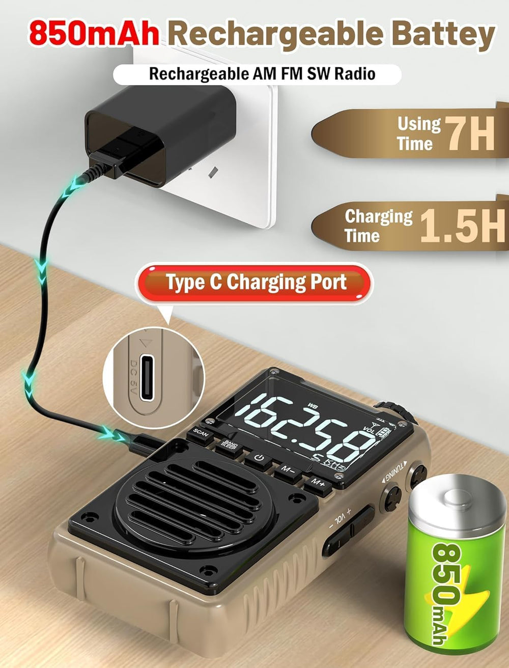 Digital AM FM Weather Band Radio 850mAh Rechargeable Battery