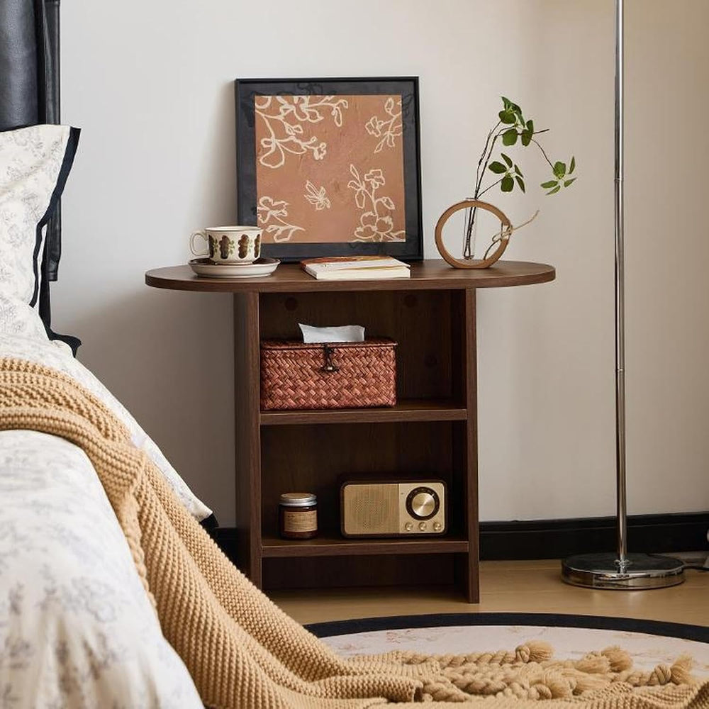 Round End Table with Open Storage,Mid-Century Modern Nightstand Small Space S...