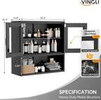 VINGLI Metal Wall Cabinet with Locking Glass Doors, Adjustable Shelf, Wall Mounted Storage Display Cabinets for Garage, Kitchen, Home Office, Warehouse, Living Room, Black