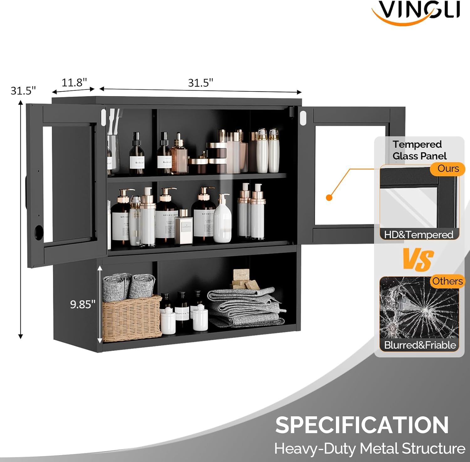 VINGLI Metal Wall Cabinet with Locking Glass Doors, Adjustable Shelf, Wall Mounted Storage Display Cabinets for Garage, Kitchen, Home Office, Warehouse, Living Room, Black