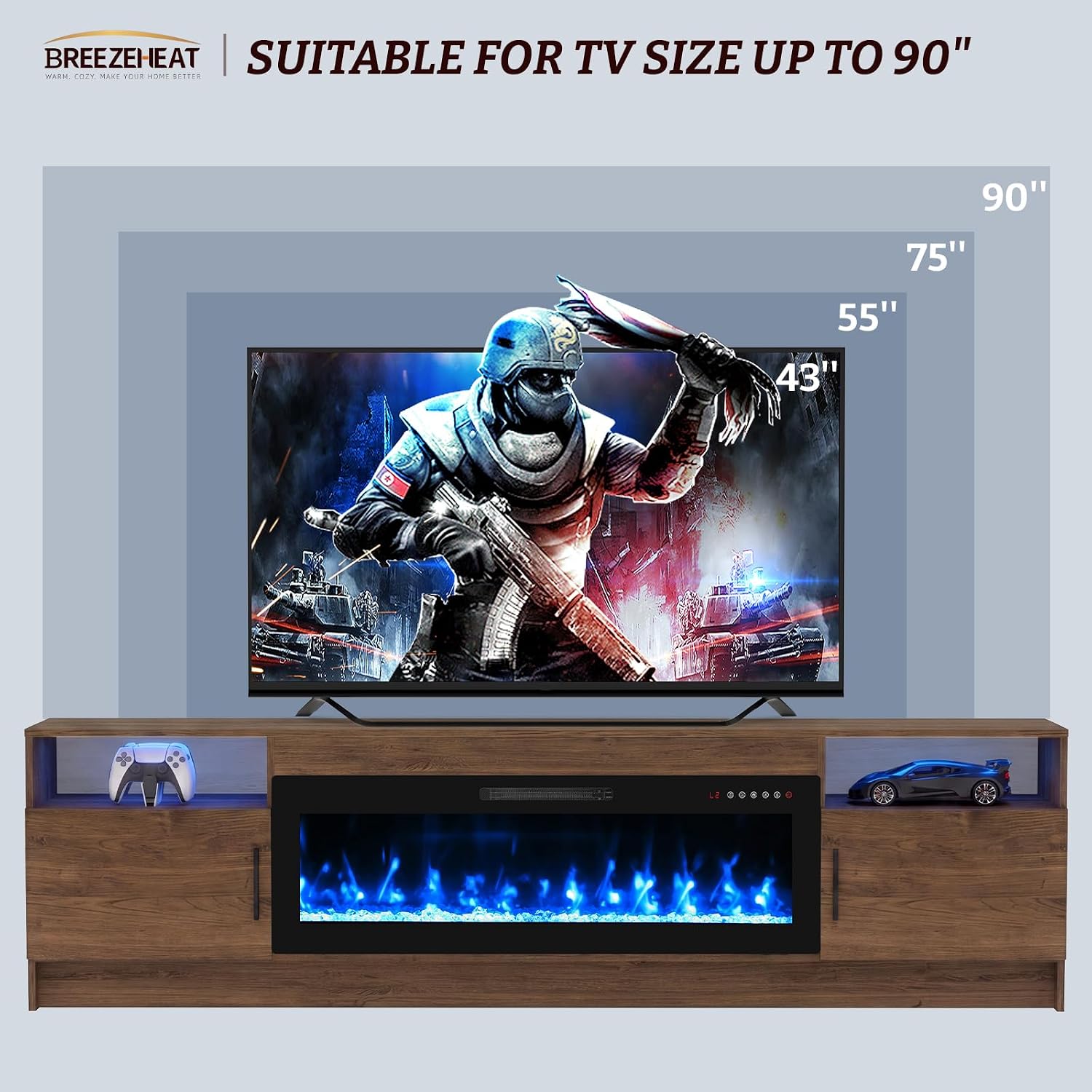 80'' Fireplace TV Stand, LED Entertainment Center Up to 90" TVs, Dark Brown | High Glossy Doors, 42'' Fireplace, Modern Media Console for Living Room