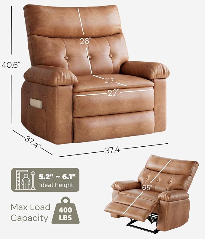 GarveeHome Recliner Chair - PU Leather Manual Recliner for Adults, Lazy Chair with 1.5X Sponge Comfort Arm and Back for Living Room, Bedroom