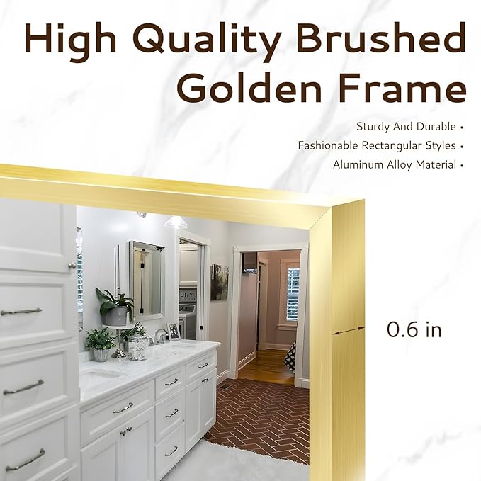 Bathroom Mirror 24"x36", Gold Vanity Mirror with Brushed Metal Frame & Tempered Glass, Rectangle Wall Mirror Mounted, Rust-Resistant for Bedroom, Entryway and Living Room Decor