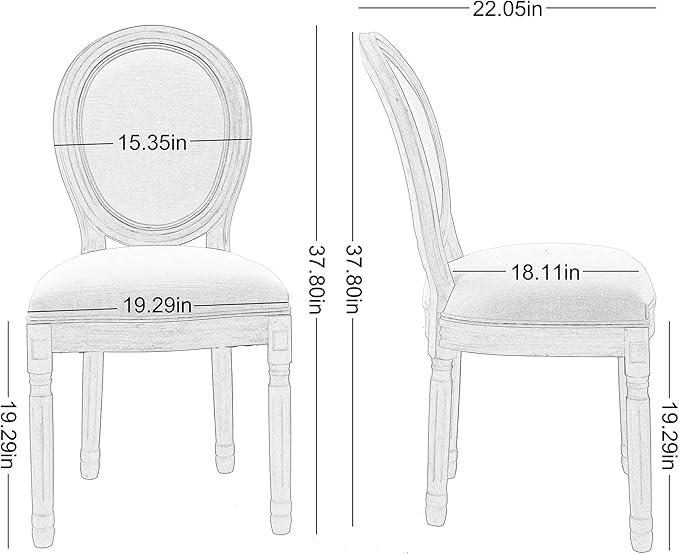 Nrizc French Country Dining Chairs Set of 2, Farmhouse Dining Chairs, Vintage Dining Chair with Round Back, Mid Century Dining Chair, Wood Grey Fabric Chair, for Kitchen, Bedroom, Restaurant