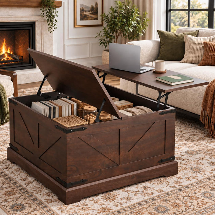 LOUVIXA Vintage Storage Coffee Table, Lift Top Coffee Table, Square Center Table, Living Room Tables, Wood Tea Table (Walnut Brown)
