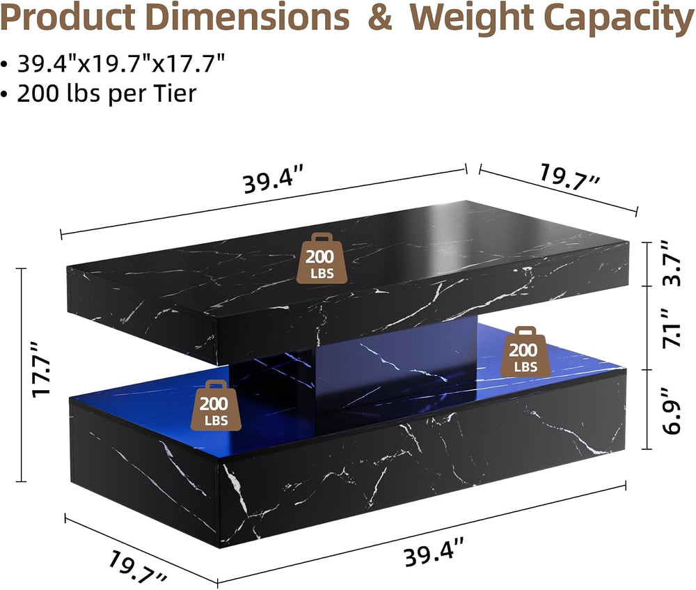 40" Modern Coffee Table with Storage Shelf, Faux Marble Fixed‑Top Center...