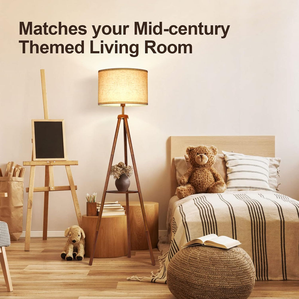 OUTON Wood Tripod Floor Lamp with Shelves, Mid Century LED Modern Dimmable Fl...