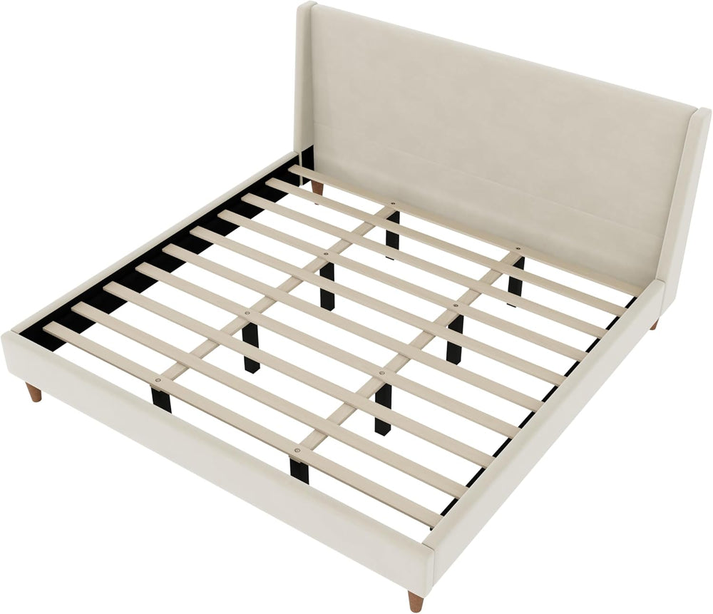 JIJIWANG Queen Velvet Upholstered Platform Bed with Wingback Headboard, Mid-C...