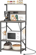 Kitchen Bakers Rack with Power Outlet, Microwave Stand with 6 S-Shaped Hooks, 4-Tier Coffee Bar Microwave Rack (Grey)