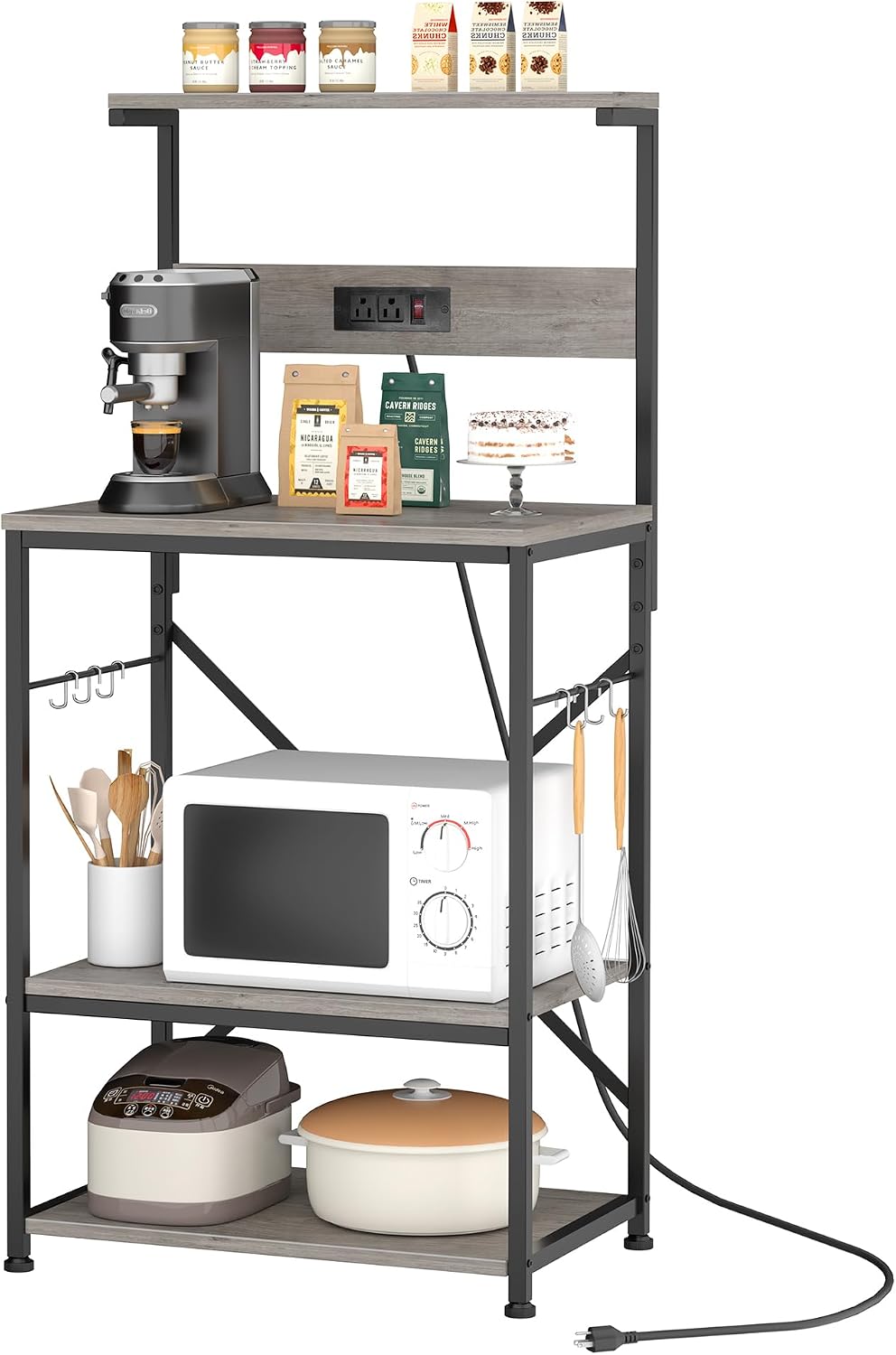 Kitchen Bakers Rack with Power Outlet, Microwave Stand with 6 S-Shaped Hooks, 4-Tier Coffee Bar Microwave Rack (Grey)