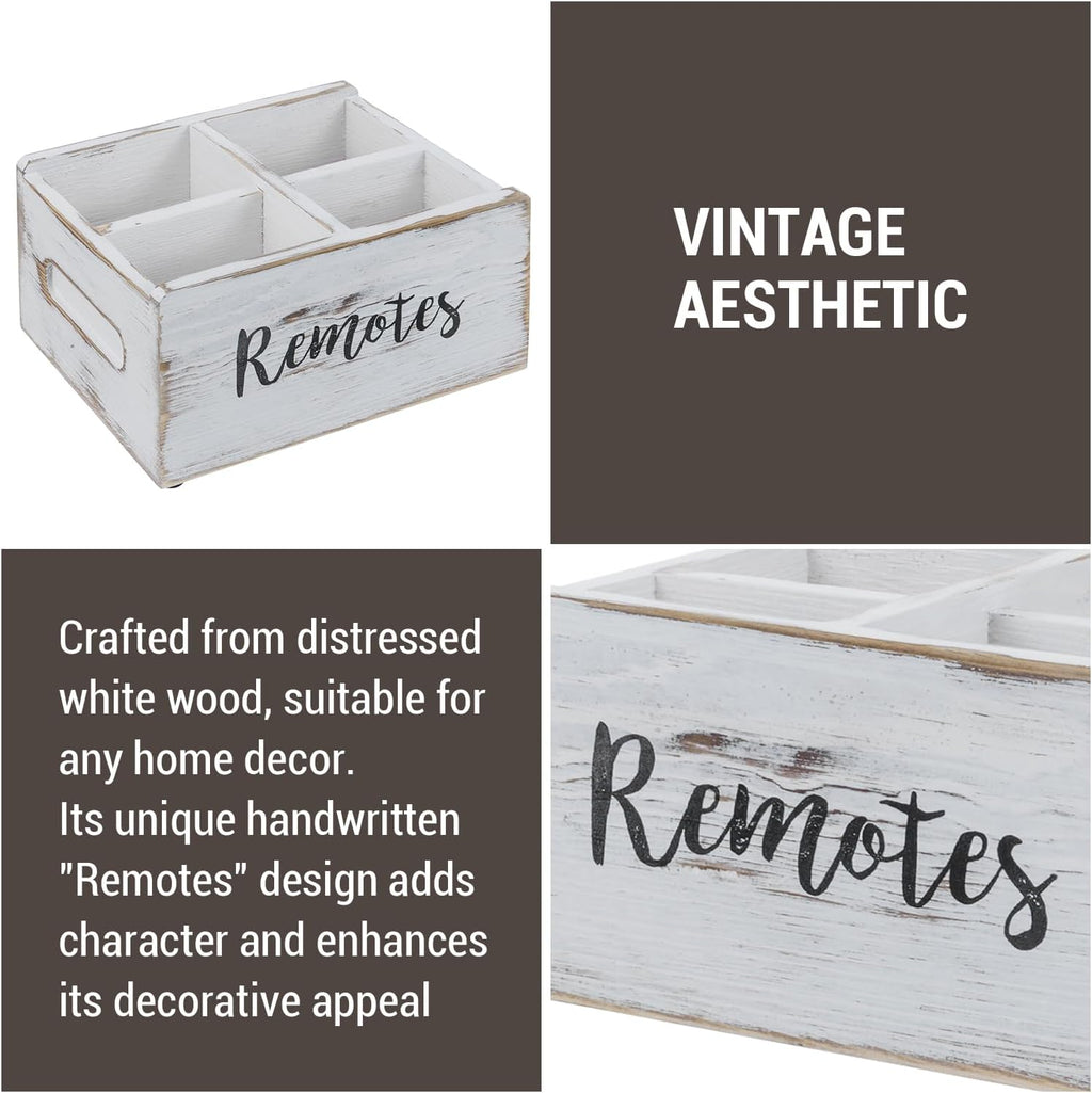 MyGift Wood Remote Control Holder Organizer with 4 Compartments, Media Remote Caddy Storage with Cursive REMOTES Design, Whitewashed