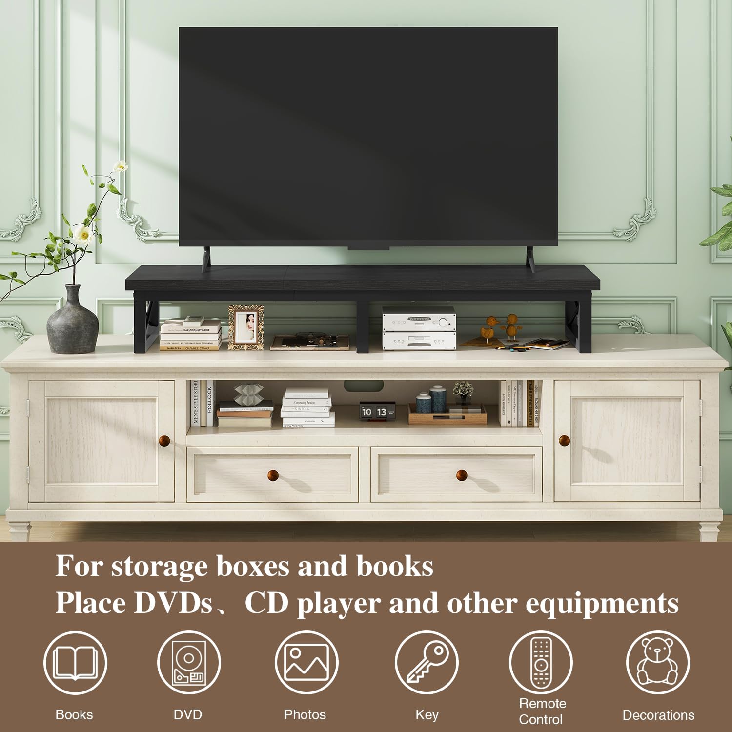 IBUYKE 45" Large TV Riser for 32-60 inch TV,Tabletop Short TV Stand with Storage and Steel Legs,Dual Screen Office Desk,Stand Riser,TV Riser Stand for Home,Bedroom,Living Room,Black TVT002B