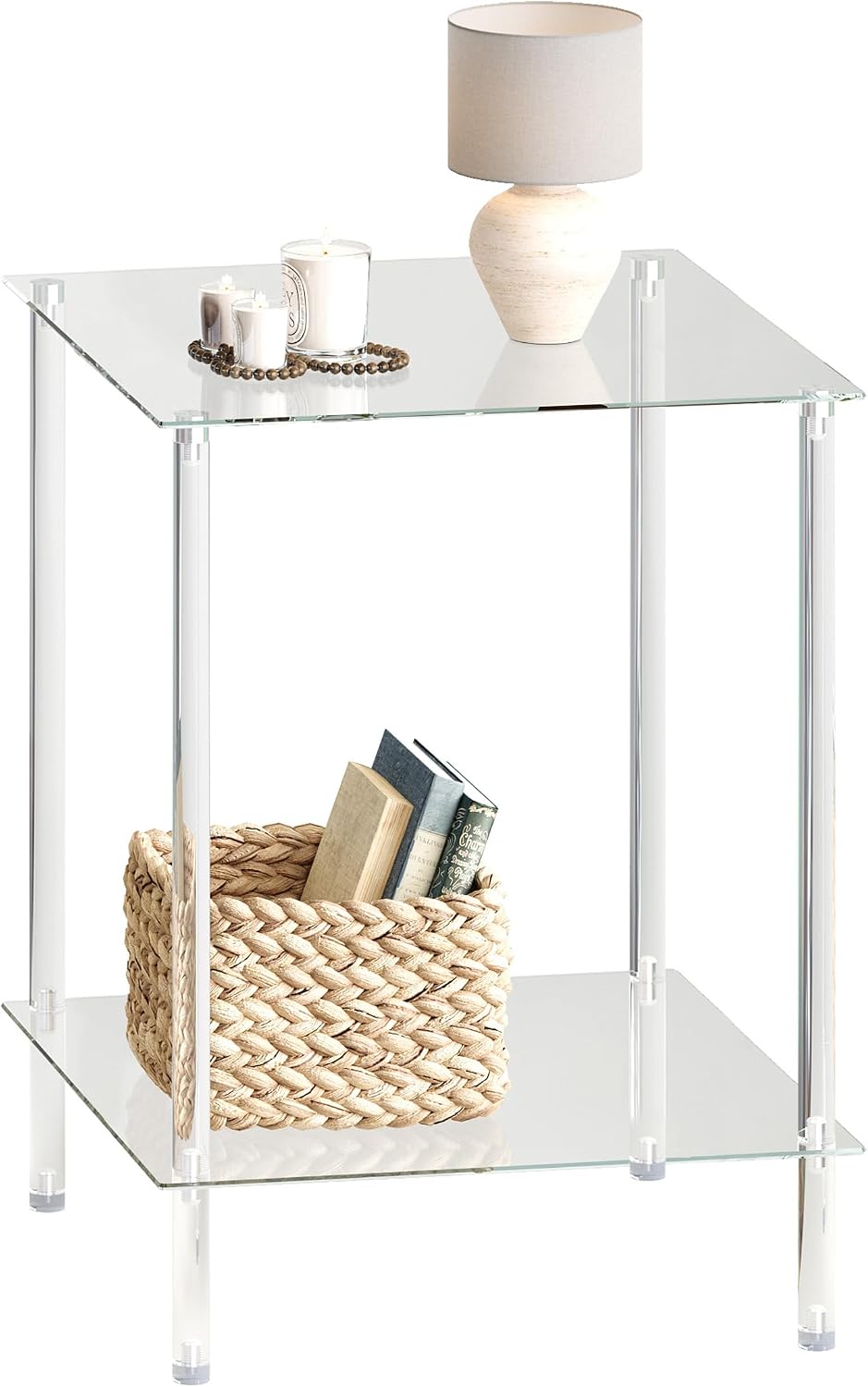 Tempered Glass Side Table, Acrylic End Table, 2-Tier Transparent Nightstand, ...