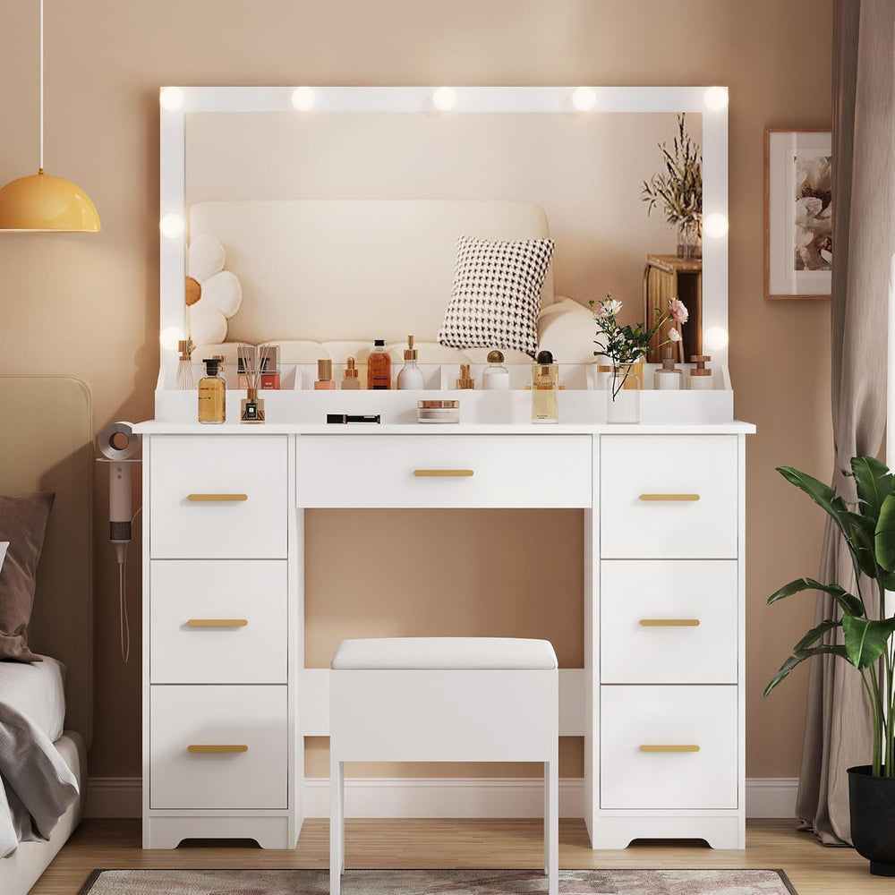 44" Vanity Desk with Chair and Glass Top, Vanity Table with 7 Drawers