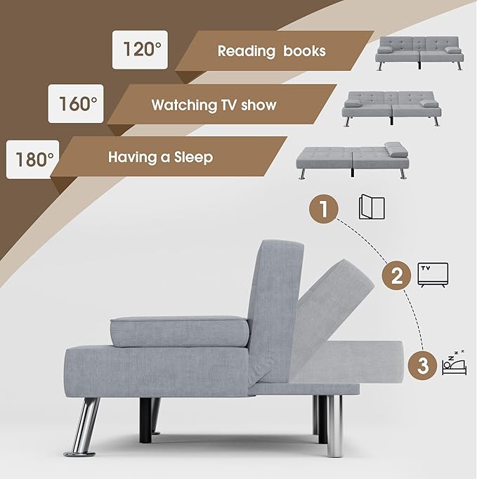 Flamaker Futon Sofa Bed Modern Folding Futon Set Linen Fabric Convertible Rec...