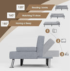 Flamaker Futon Sofa Bed Modern Folding Futon Set Linen Fabric Convertible Recliner Lounge for Living Room with 2 Cup Holders, Removable Armrests (Fabric, Light Grey)