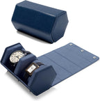 Oirlv Luxury Hexagonal Leather Watch Travel Case Watch Organizer Case for Men Portable Jewelry Storage Roll Organizer(2-Slot,Blue)