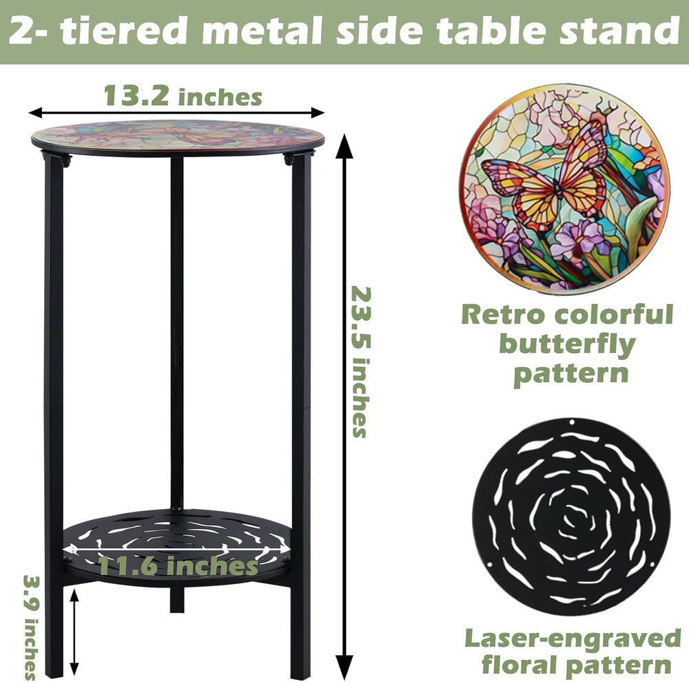 2-Tier Metal Round Side Table Black Accent Coffee Tables Small Space Corner P...