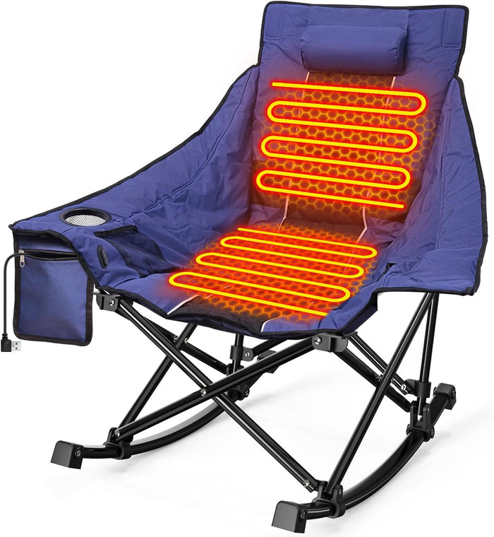 Slendor Heated Camping Chair, Oversized Rocking Chair w/Pillow, Cup Holder