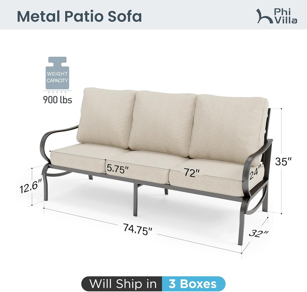 PHI VILLA Metal Patio Sofa with 5.75" Extra-Thick Waterproof Cushion, 3 ...