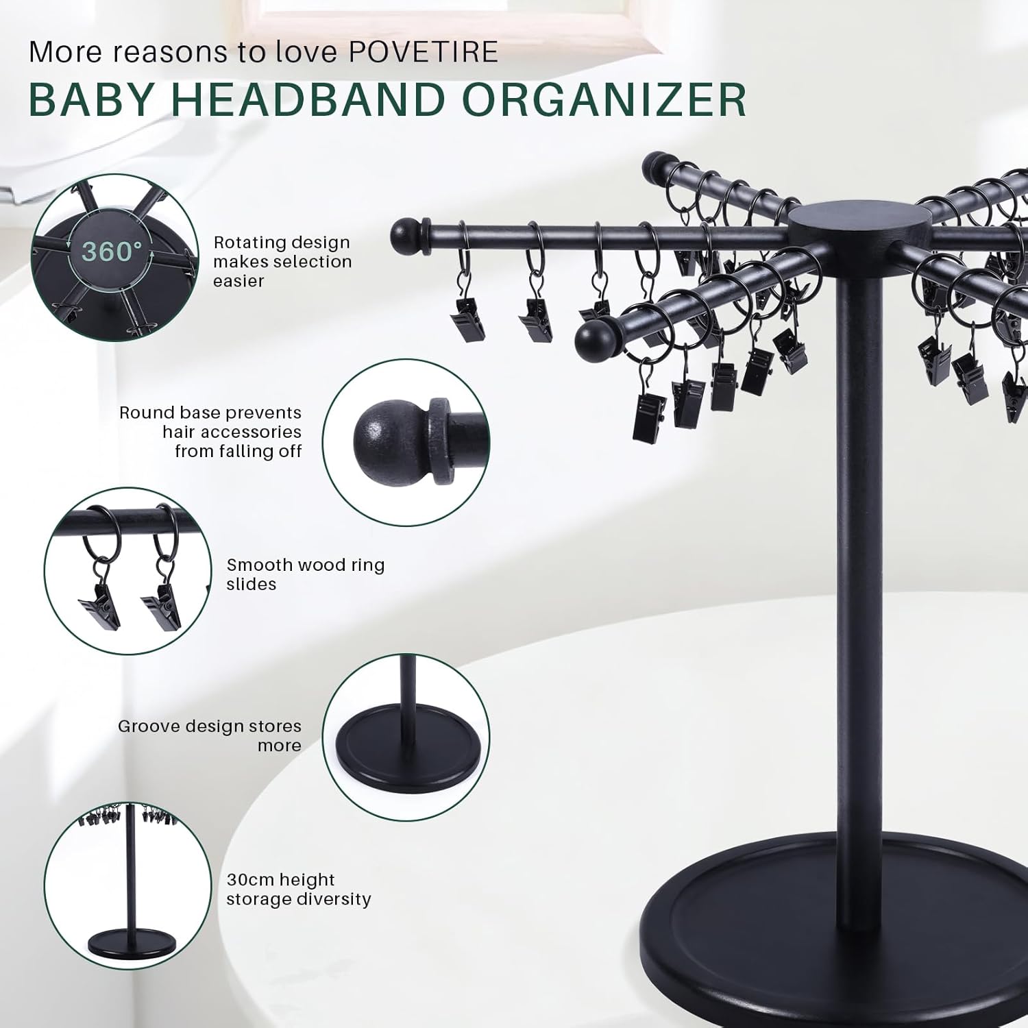 POVETIRE Headband Holder Bow Organizer for Girls, Rotating 360 Hair accessories Organizer Storage Baby Headband Display Stand Hair Bow Rack for Toddler Nursery Decor