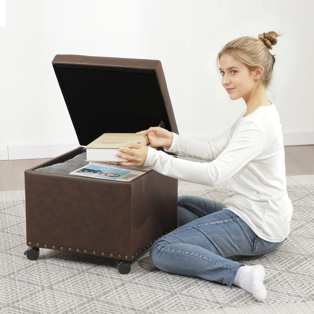 Leather Ottoman with Storage,Square Ottomans Foot Rest with Hinged Lid & ...