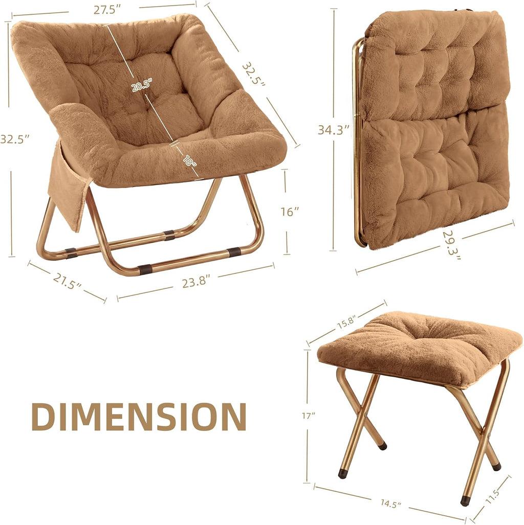 Kasunpul Comfy Saucer Chair, Foldable Living Room Chairs, Soft Faux Fur Lounge Chair for Bedroom, Reading Chairs for Adults, Teens, X-Large (Brown)