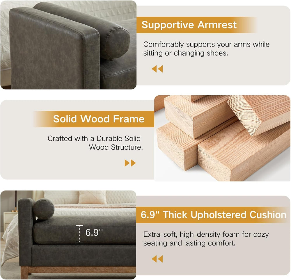 End of Bed Bench for Bedroom, 66.34'' Long King Size Vegan Leather Be...