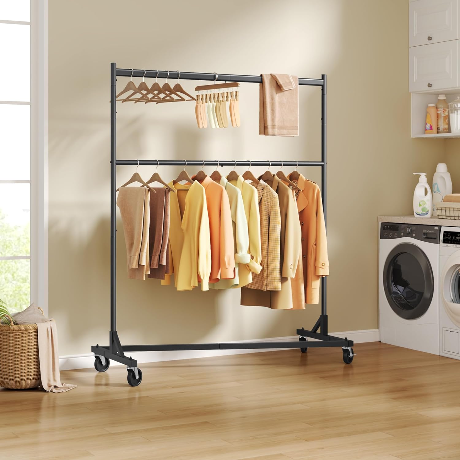 Hoctieon Double Rod Z Rack, Rolling Clothes Racks with Z-Base, Adjustable Clothing Rack, Standing Clothes Rack, Metal Clothing Racks for Hanging Clothes, Portable Garment Rack, Black