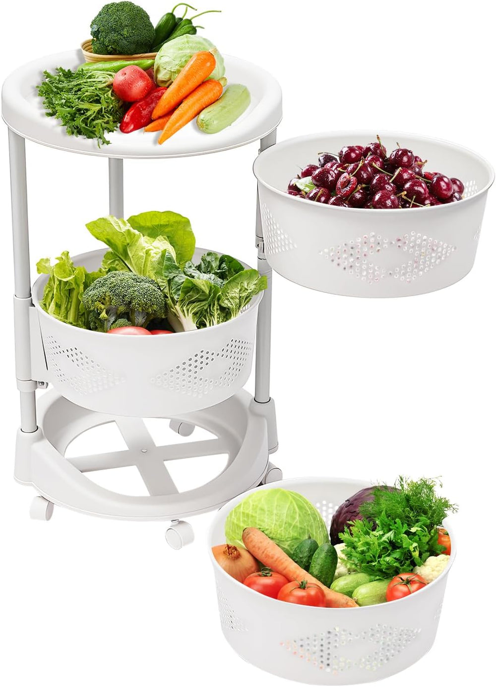 Storage Cart, 3-Tier Rotating Storage Shelf, Kitchen Detachable 180° Rotatabl...