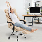 COLAMY Office Chair with Retractable Footrest, Ergonomic High Back Design Executive Computer Desk Chair with Removable Lumbar Pillow, 90-135°Reclining, Thick Bonded Leather for Home Office Work, Khaki
